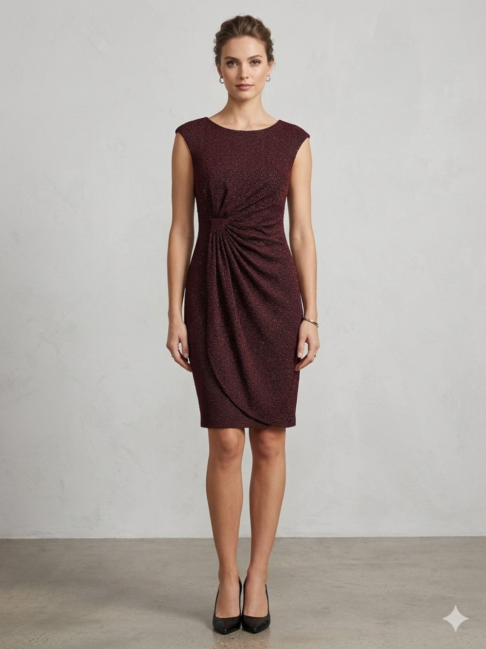 Connected Petite Women's 4P Burgundy Red Metallic Knit Faux Wrap Sheath Dress